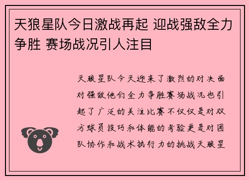 天狼星队今日激战再起 迎战强敌全力争胜 赛场战况引人注目