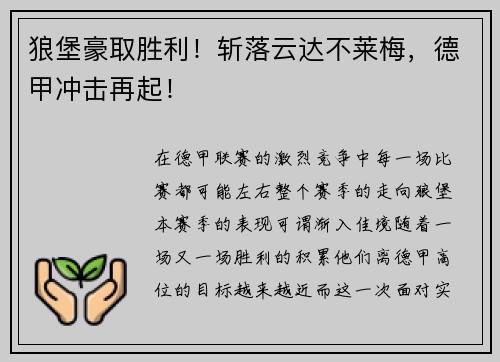 狼堡豪取胜利！斩落云达不莱梅，德甲冲击再起！