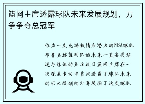 篮网主席透露球队未来发展规划，力争争夺总冠军